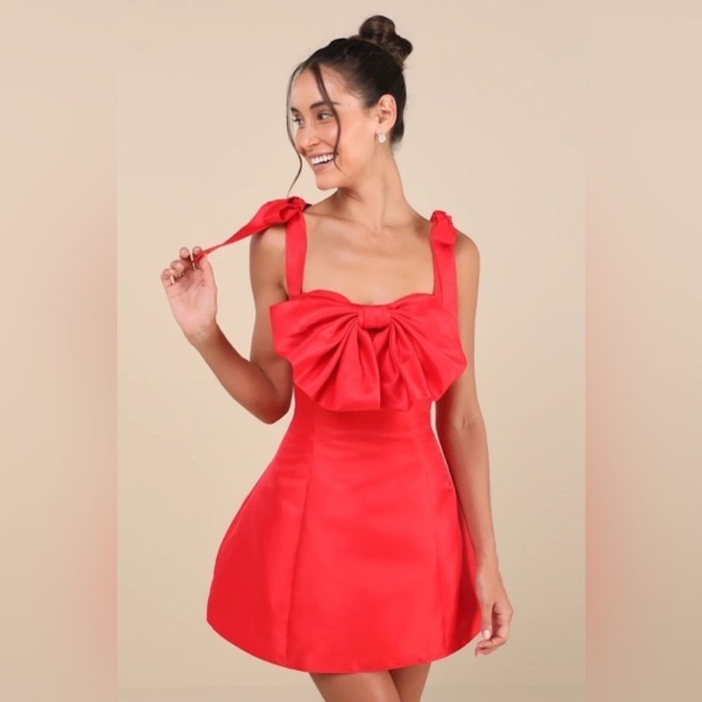 Lulus Glamorous Luxury Red Taffeta Bow Lace-Up Mini Dress Sz. S